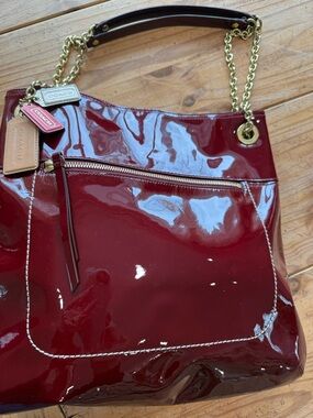Patent Leather Chain-Trim Tote Bag in Deep Burgundy